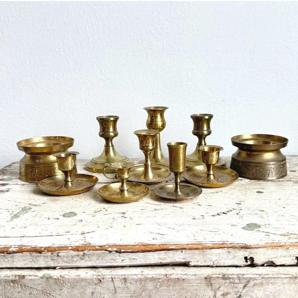 10pc Vintage Brass Candle Holder Set India Etched Chamberstick Candlestick Lot